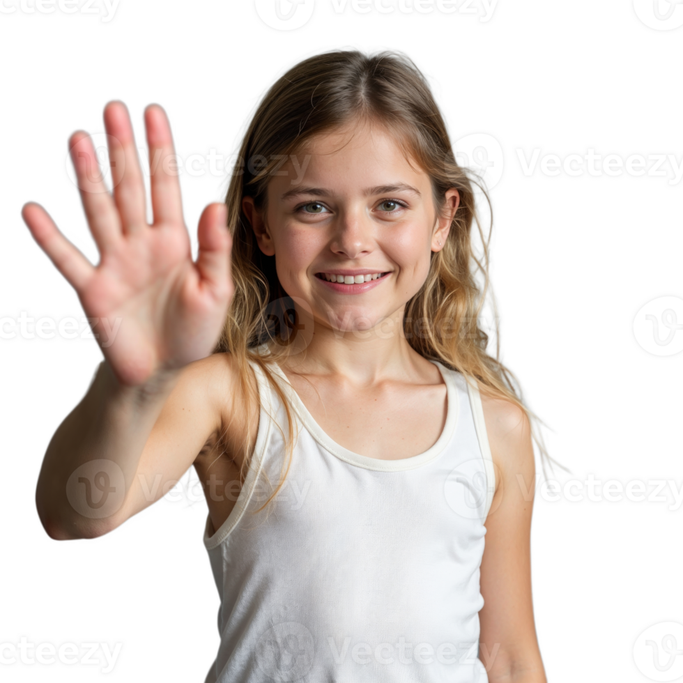 A young girl with long blonde hair holds out her hand and smiles while wearing a white tank top png