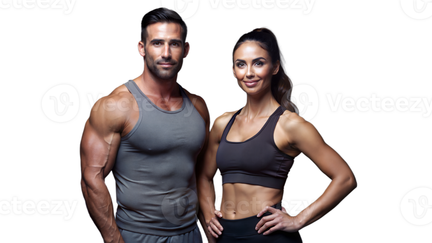 Fit couple in sportswear, confidently posing together and showing off their toned physiques png