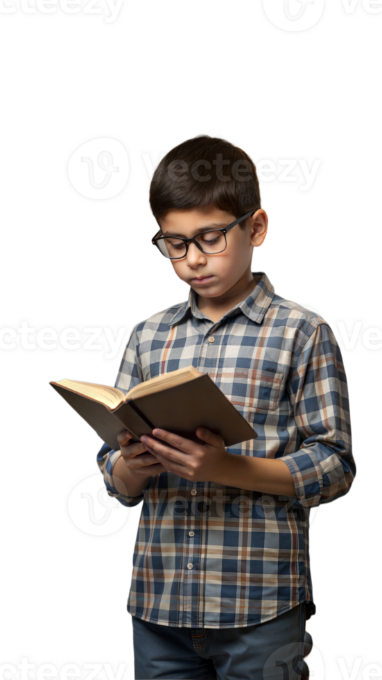 Young boy in glasses reading a book, deeply focused and thoughtful png