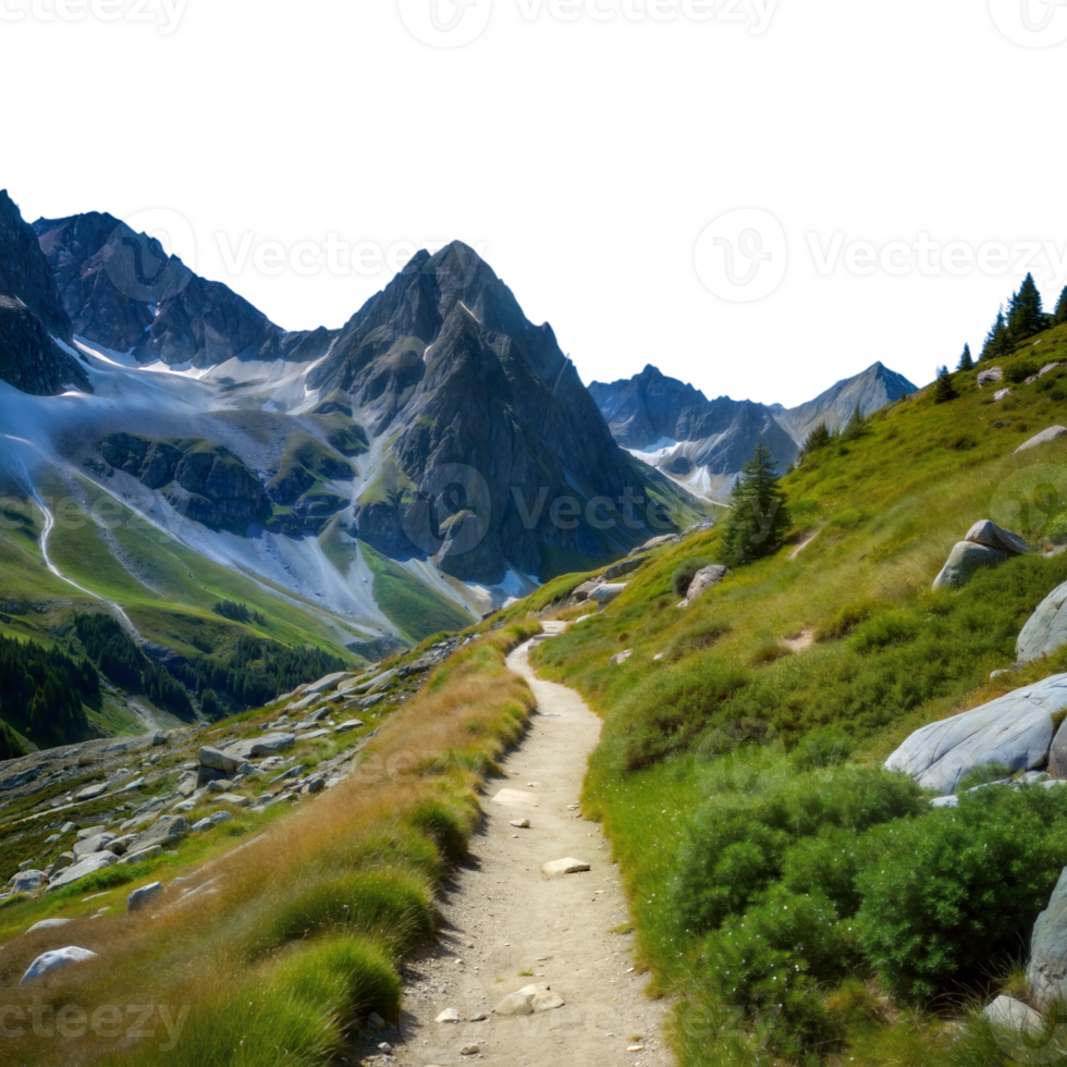 Mountain trail leading through lush greenery with stunning peaks in the background png