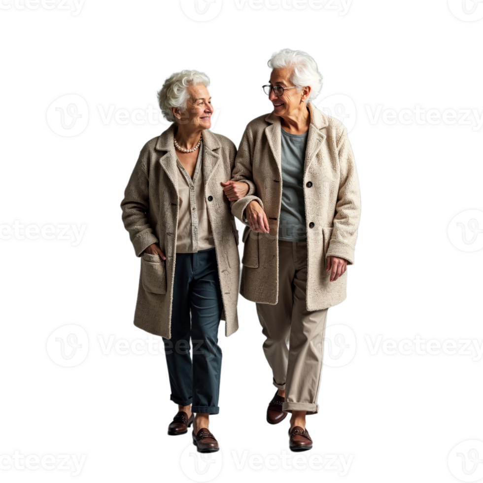 Two women in coats walk and talk, looking at each other png