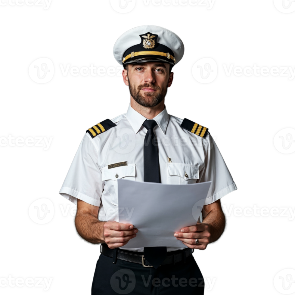 A pilot in uniform stands in front of a white background, holding a piece of paper png