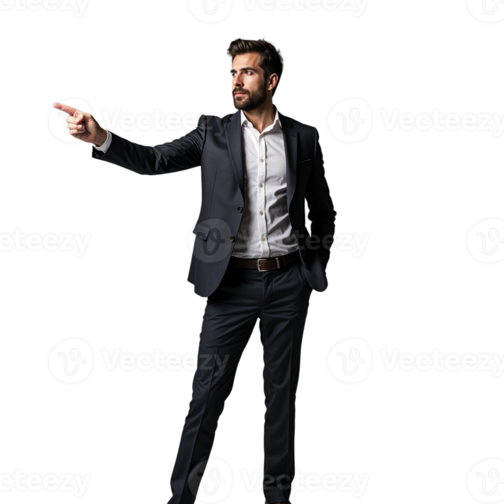 A man in a suit stands with one hand in his pocket and the other pointing to the left png