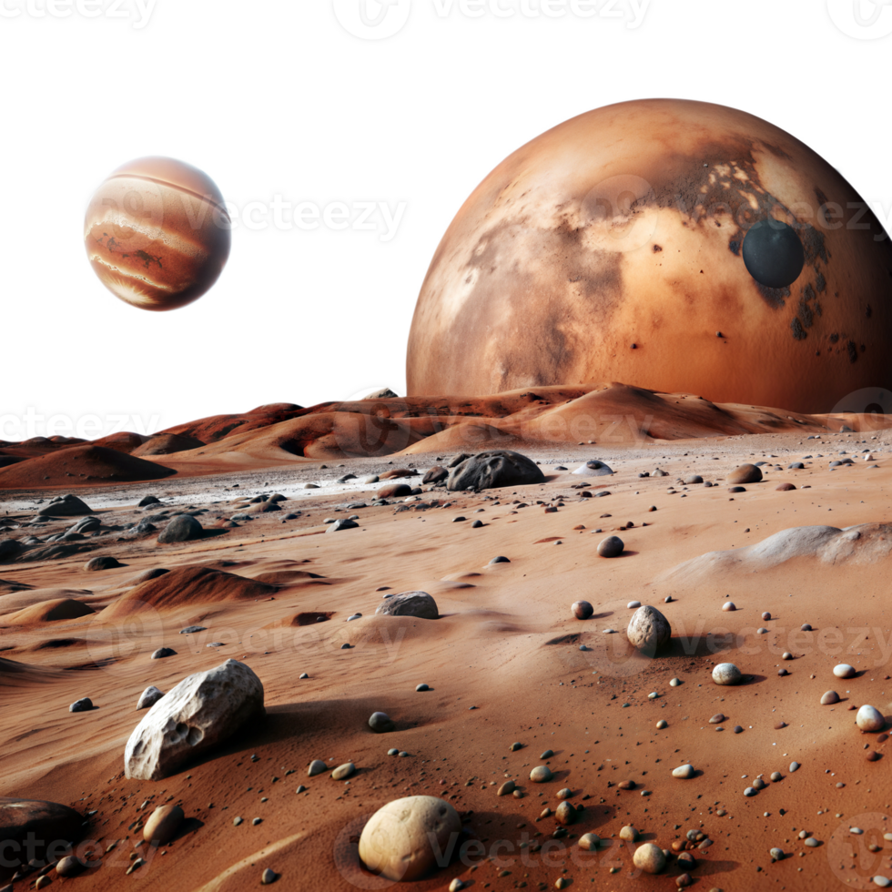 Mars landscape with craters and dust, alongside the planet Saturn in the background png