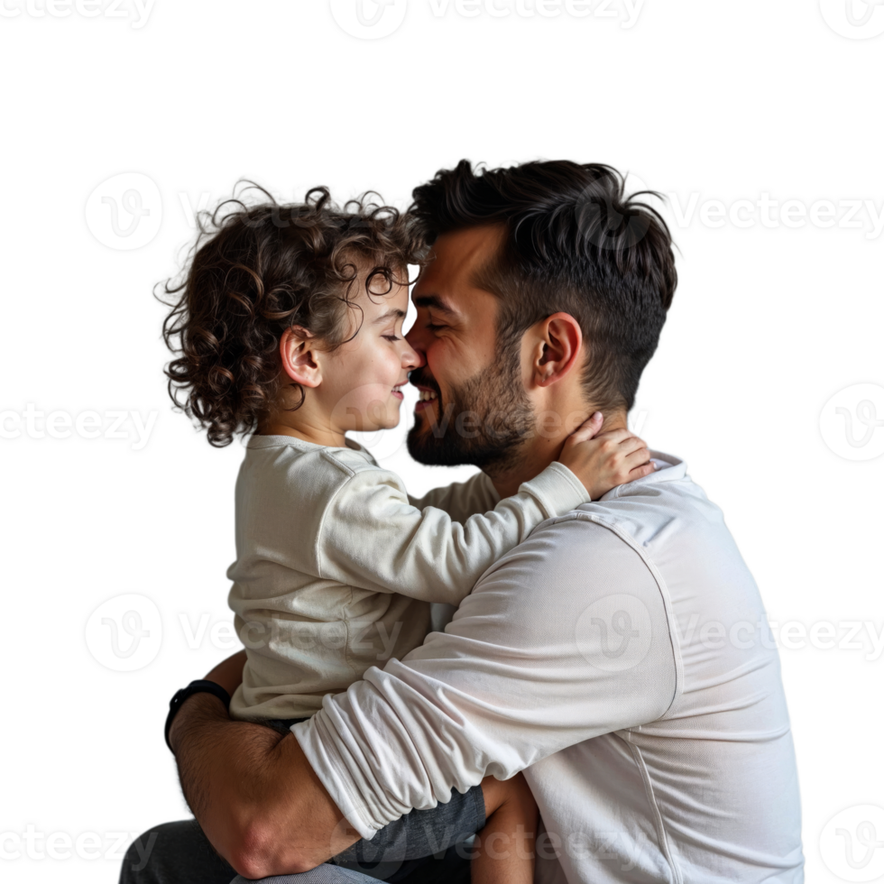 A father and his young son share a tender moment, holding each other close and smiling png