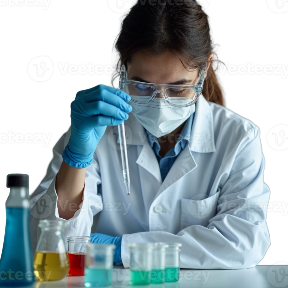 A scientist in a lab coat and protective gear carefully examines a dropper in a laboratory png