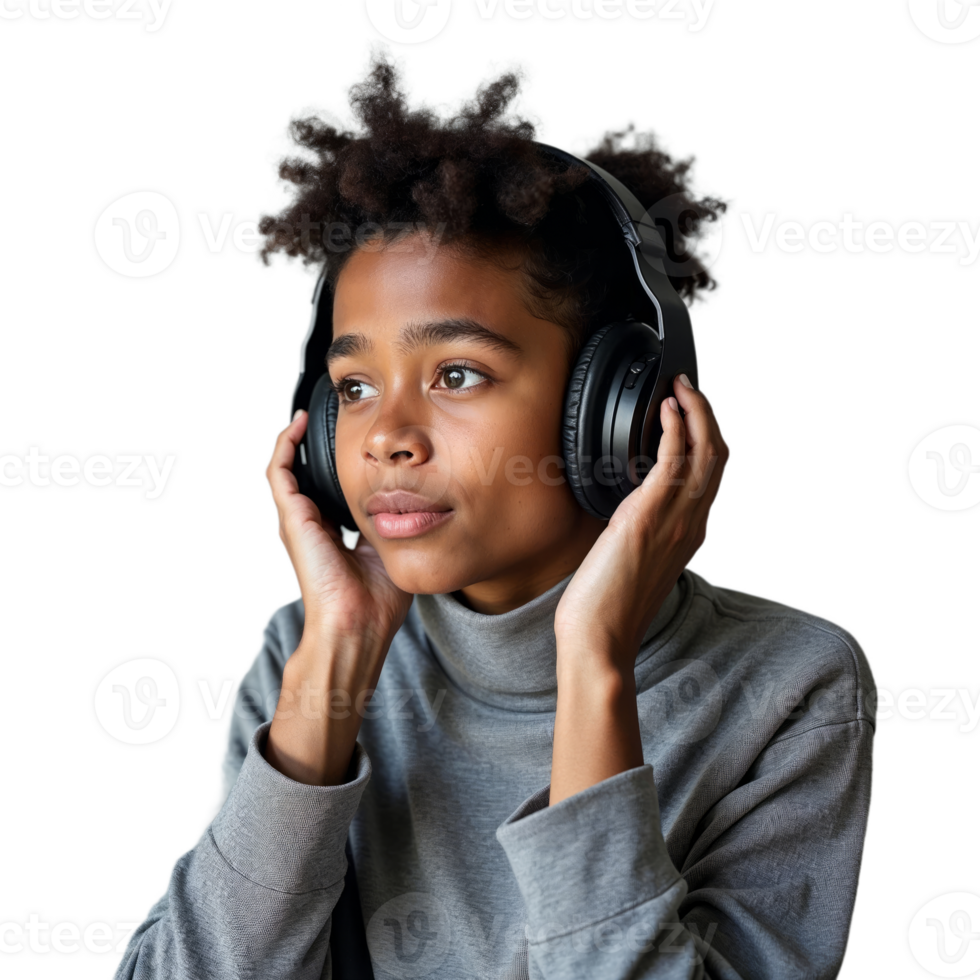 A young person with curly hair listens intently to music through headphones, their expression relaxed and focused png