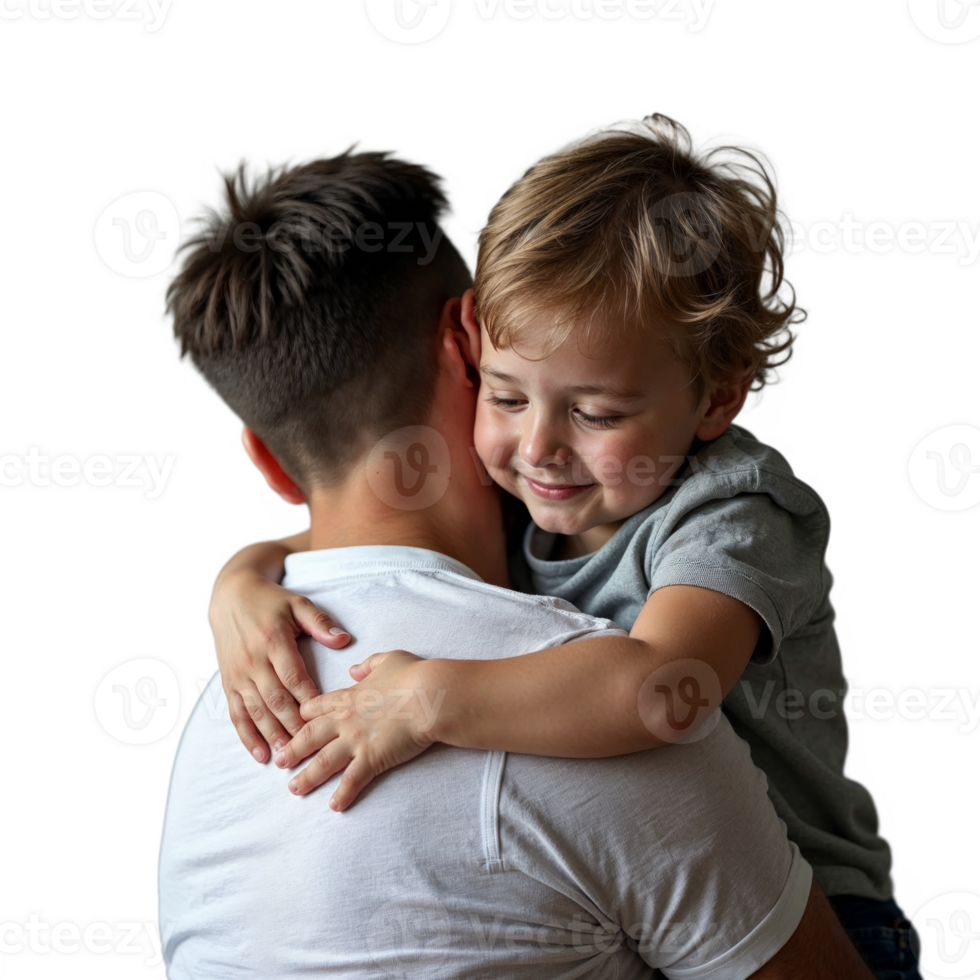 A young boy hugs his father from behind, smiling as he rests his head on his dad's shoulder png
