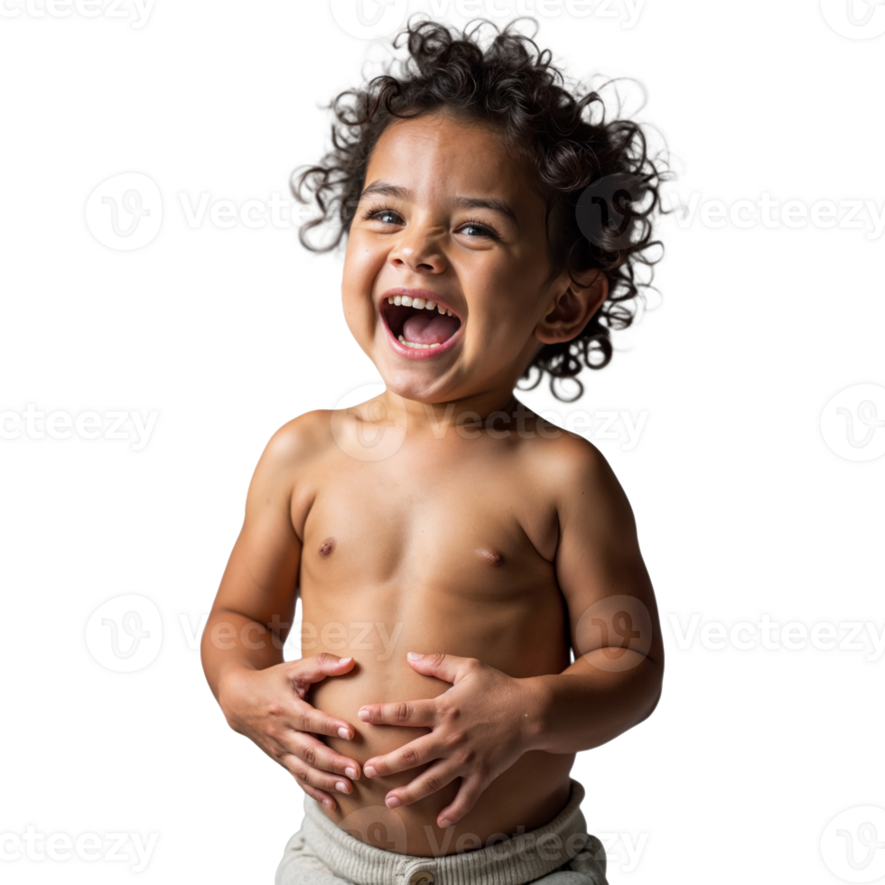 A young boy with curly hair laughs with his hands on his stomach png