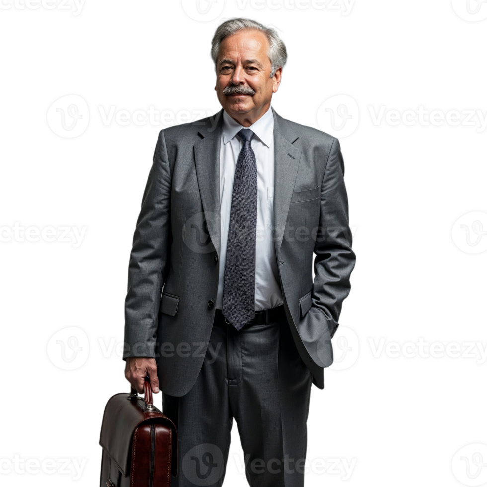 A senior businessman in a gray suit and tie stands with one hand in his pocket, holding a briefcase, and smiling png