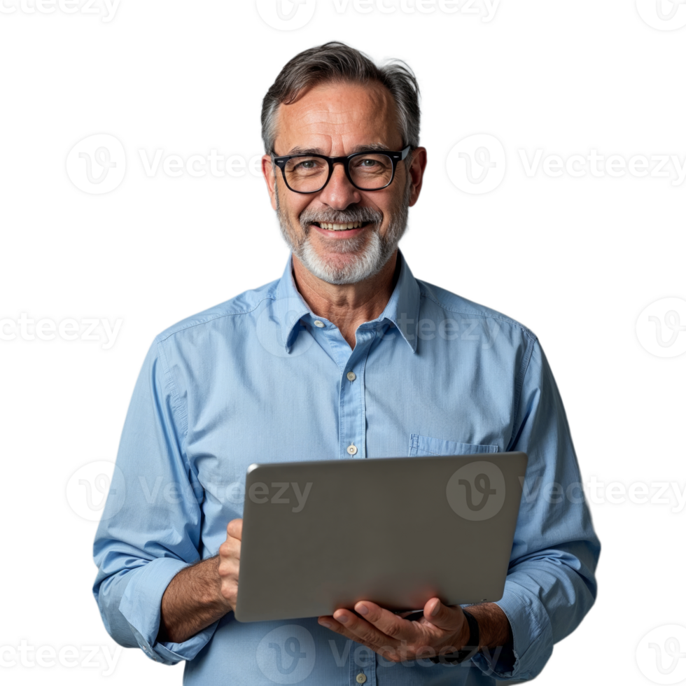 uma sorridente homem com óculos detém uma computador portátil dentro frente do ele, olhando diretamente às a Câmera png