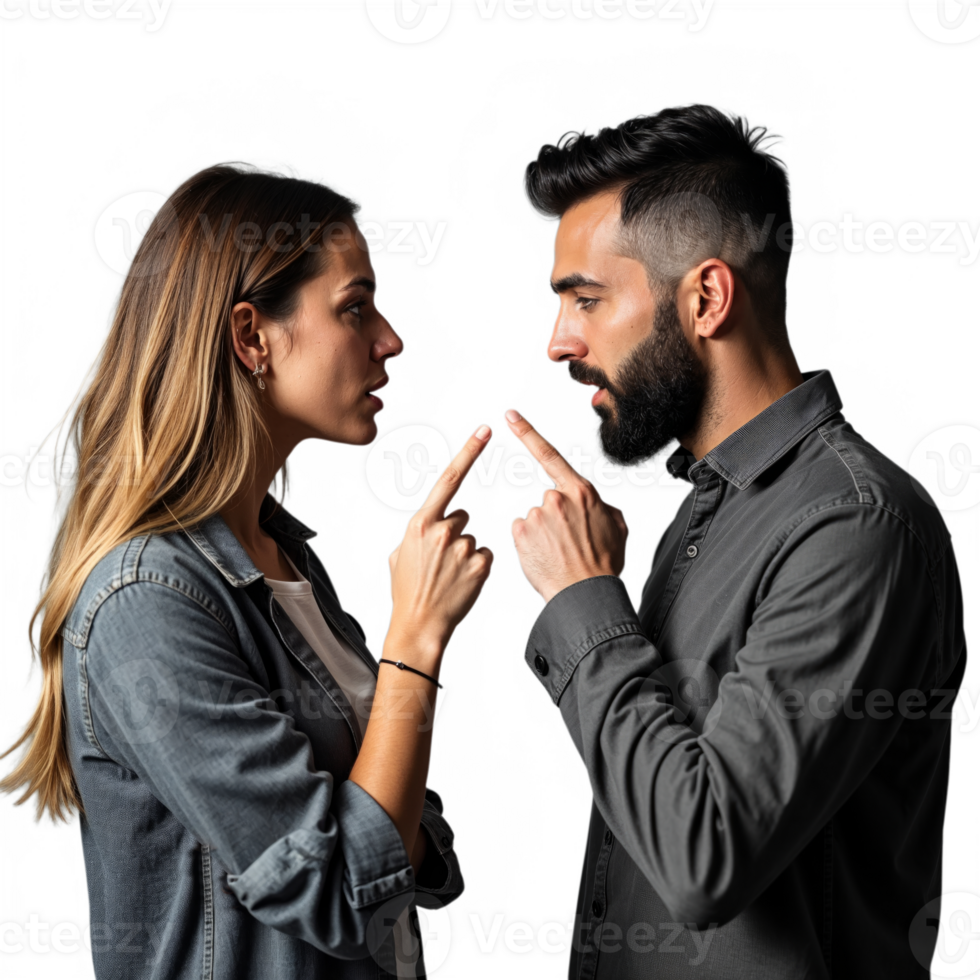 A man and woman are having a heated argument, both pointing fingers at each other png