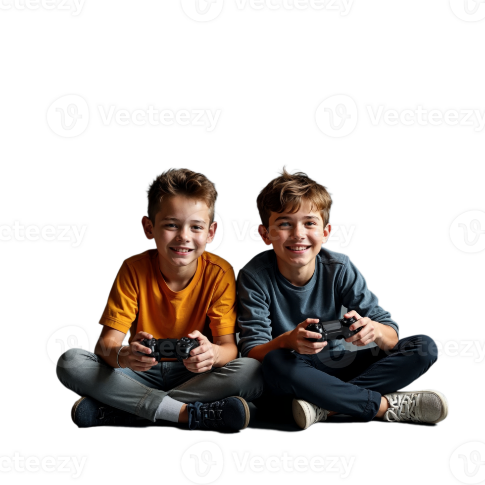 Two boys are sitting on the floor, smiling, while holding game controllers png