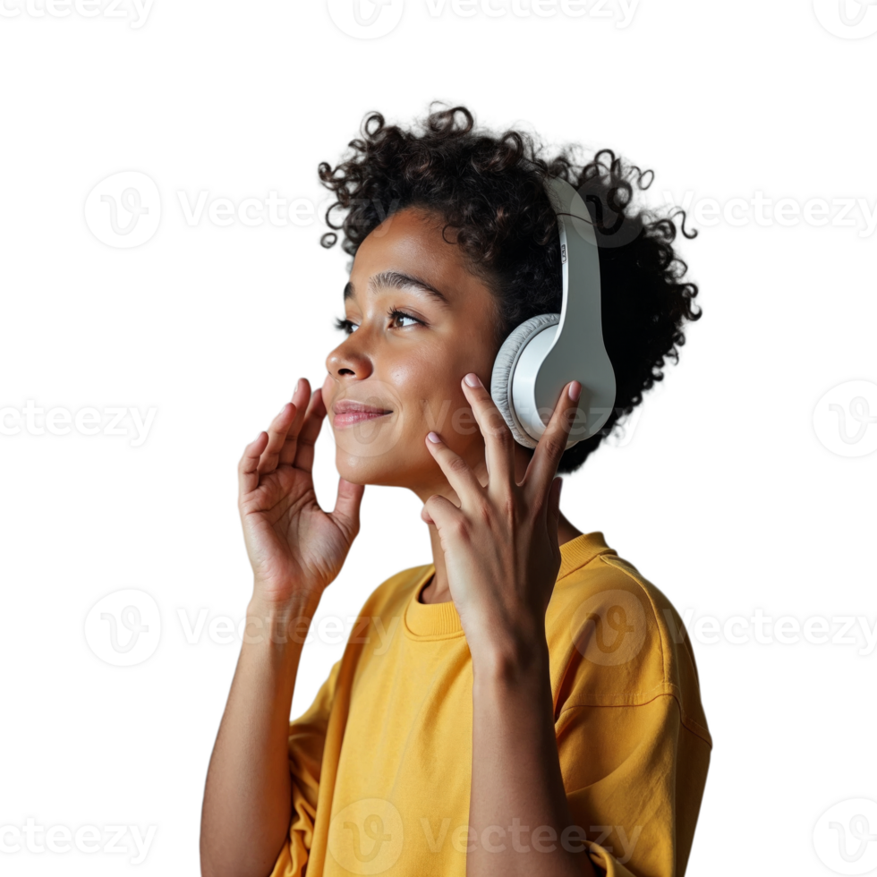 A young boy with curly hair enjoys listening to music with headphones while wearing a yellow sweater png