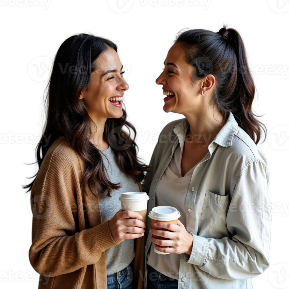 Two women laugh while holding coffee cups, enjoying a casual moment together png