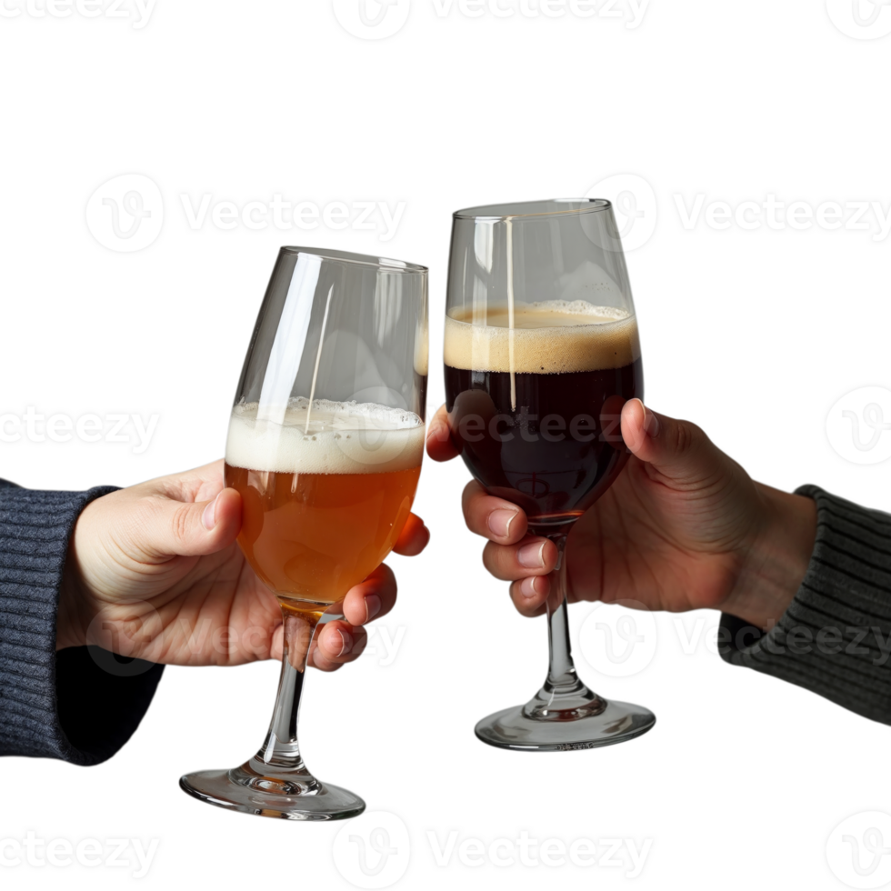Two hands clink glasses of beer in a celebratory toast png