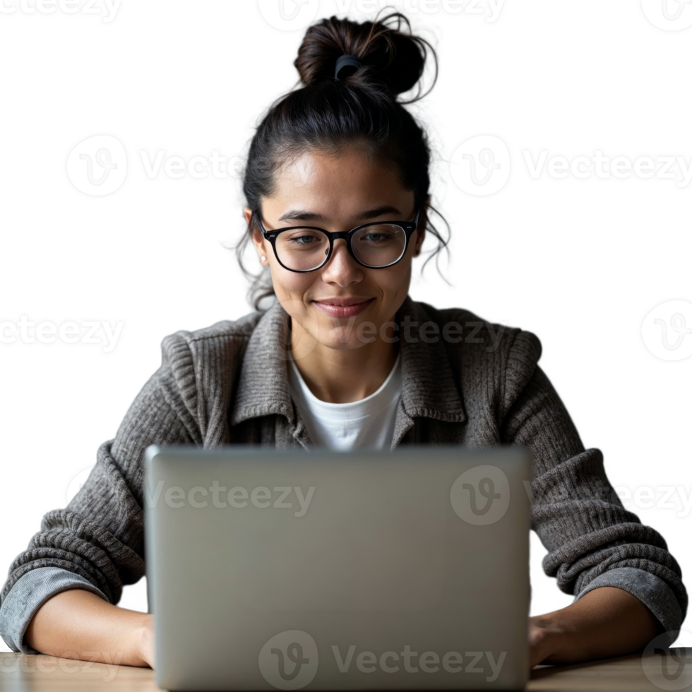 A woman wearing glasses smiles while looking at her laptop, likely working from home png