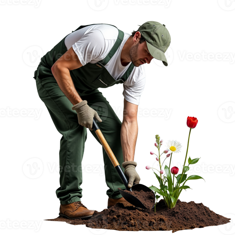 A gardener plants a flower with a shovel in a garden bed png
