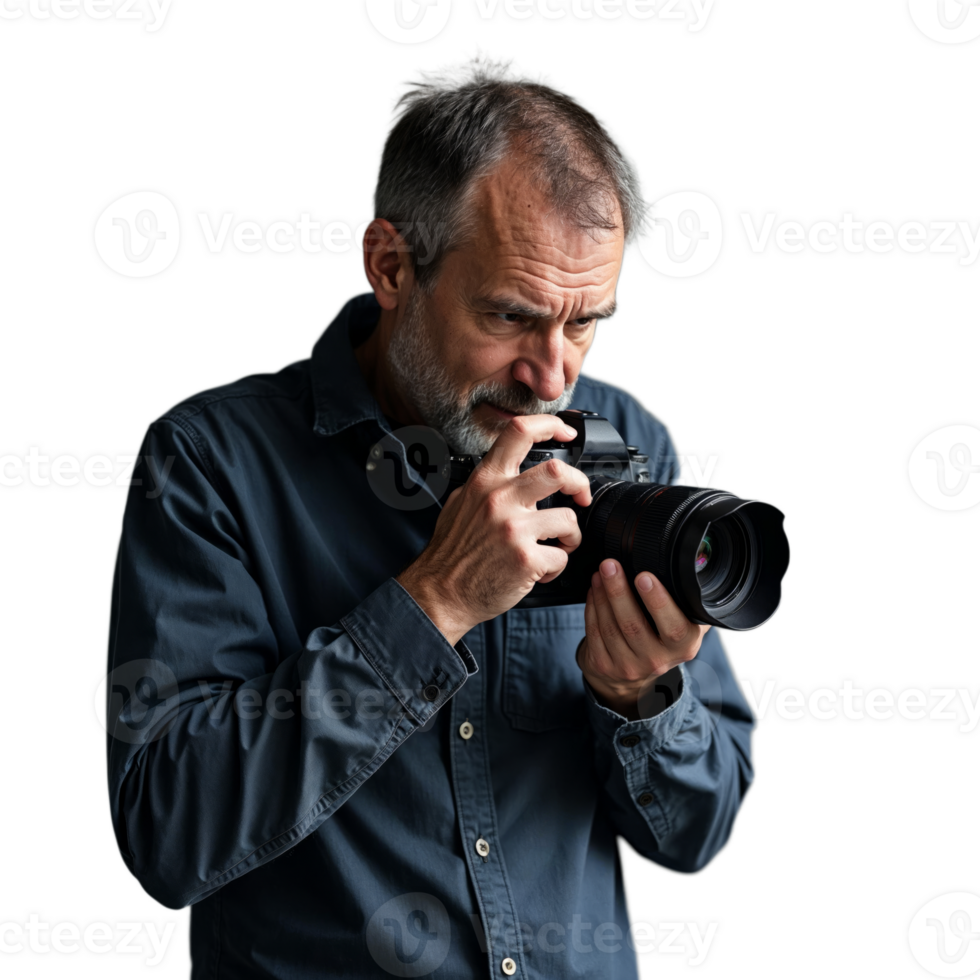 A man in a blue shirt is taking a photo with a camera png