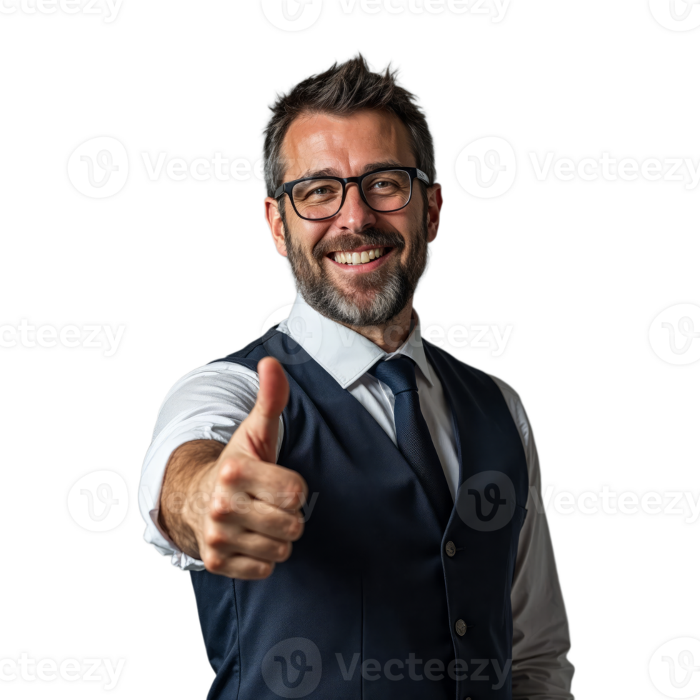 A man in a suit and tie gives a thumbs-up while smiling at the camera png