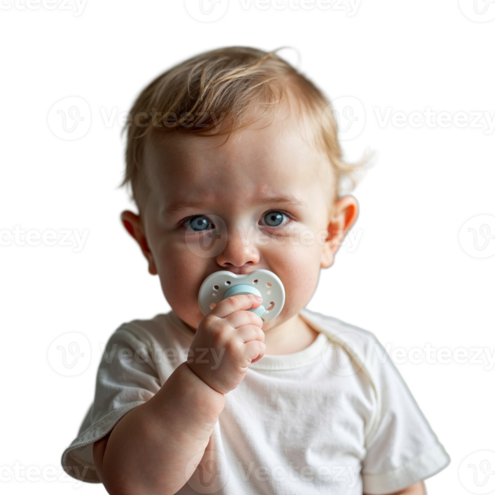 A baby with blonde hair and blue eyes is holding a pacifier in their mouth png
