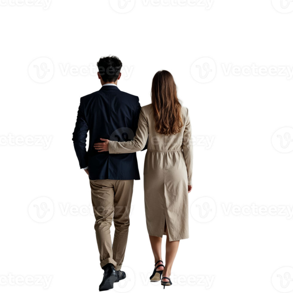 A man and woman walk away from the camera, holding hands and looking towards a bright future png