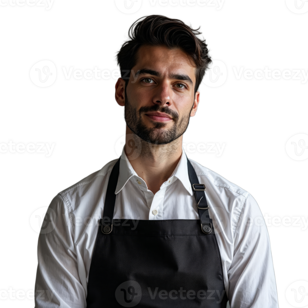 A man wearing a white shirt and black apron looks directly at the camera png