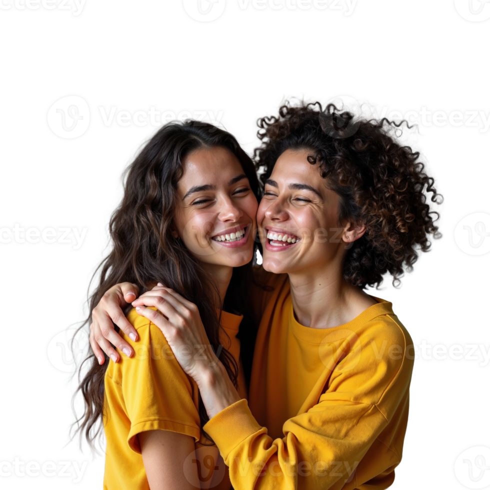 Two women are laughing and embracing each other in a warm hug png