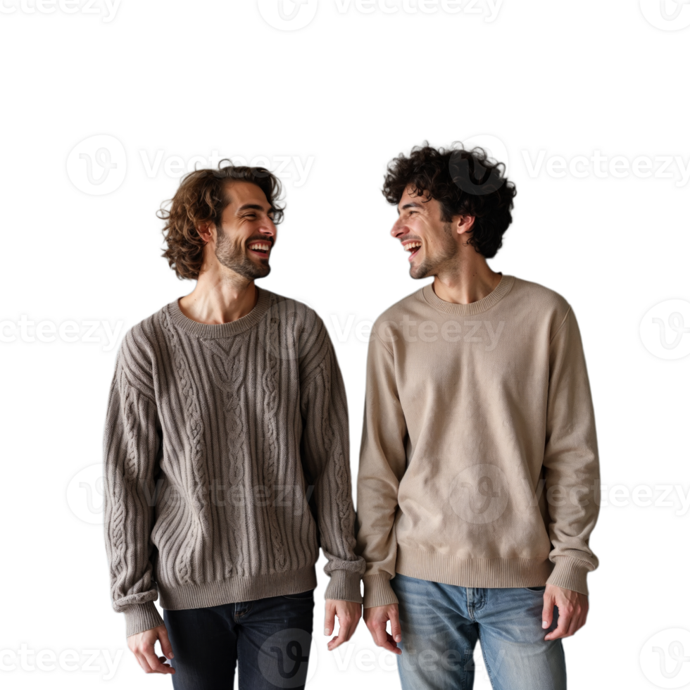 Two men laugh and talk to each other, wearing sweaters and jeans png