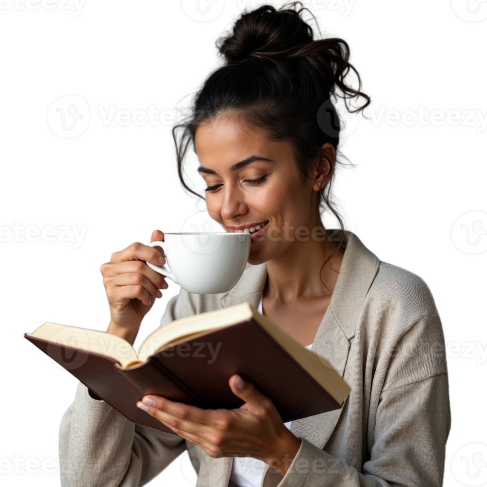 A woman with dark hair in a bun drinks from a white mug while reading a book png