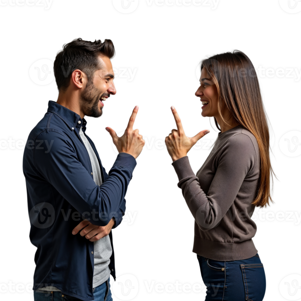 A man and woman are pointing fingers at each other while smiling and looking at each other png