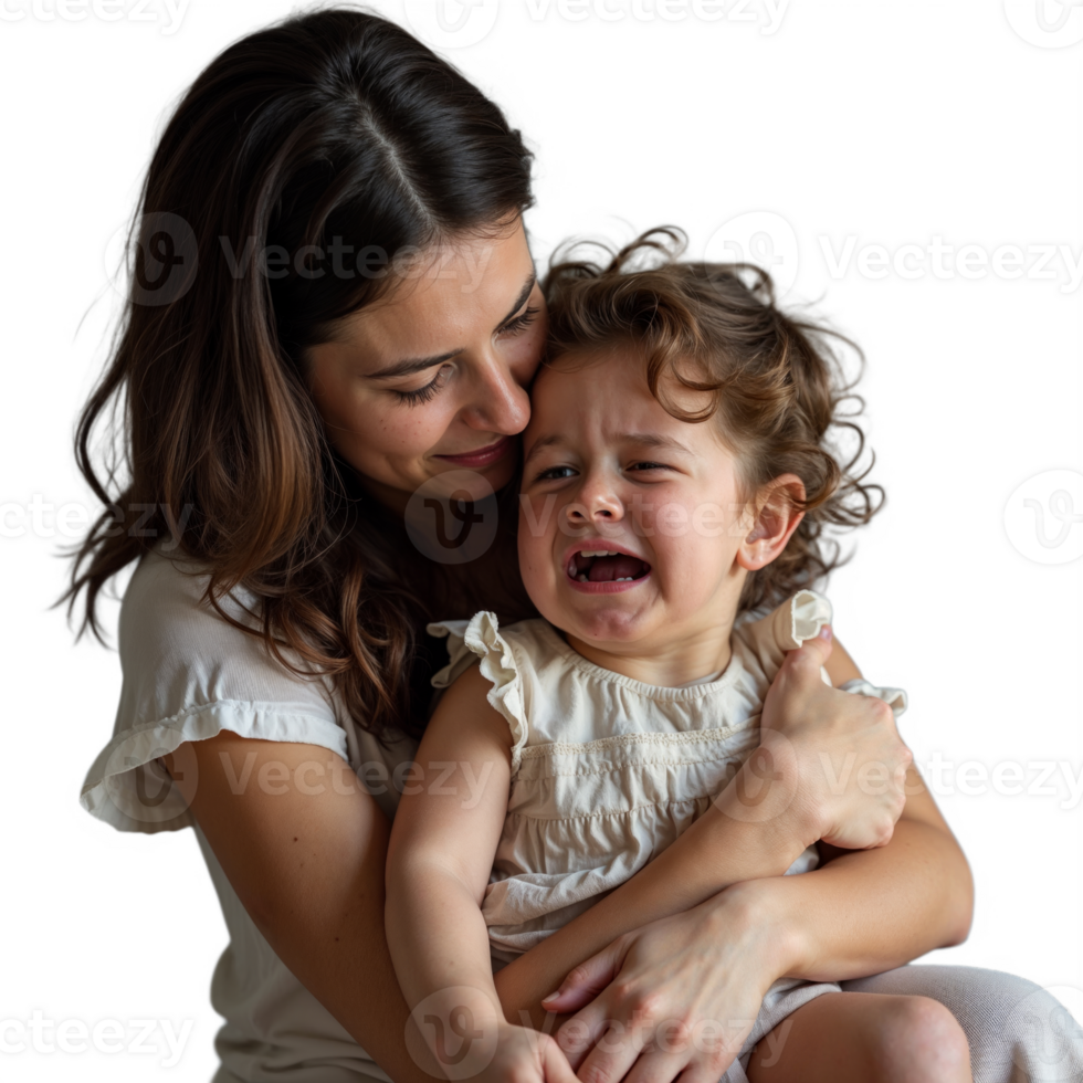 A mother comforts her crying toddler, offering a gentle embrace and a look of love png