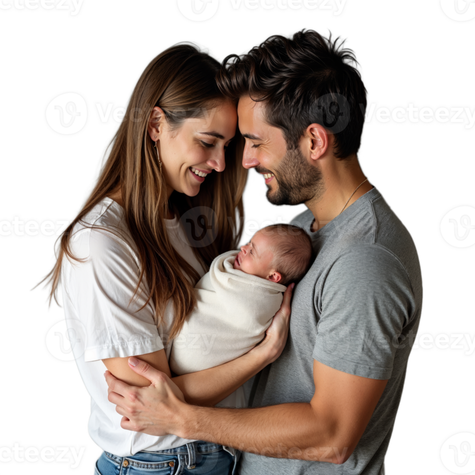 A young couple lovingly holds their newborn baby, their faces filled with joy and wonder png