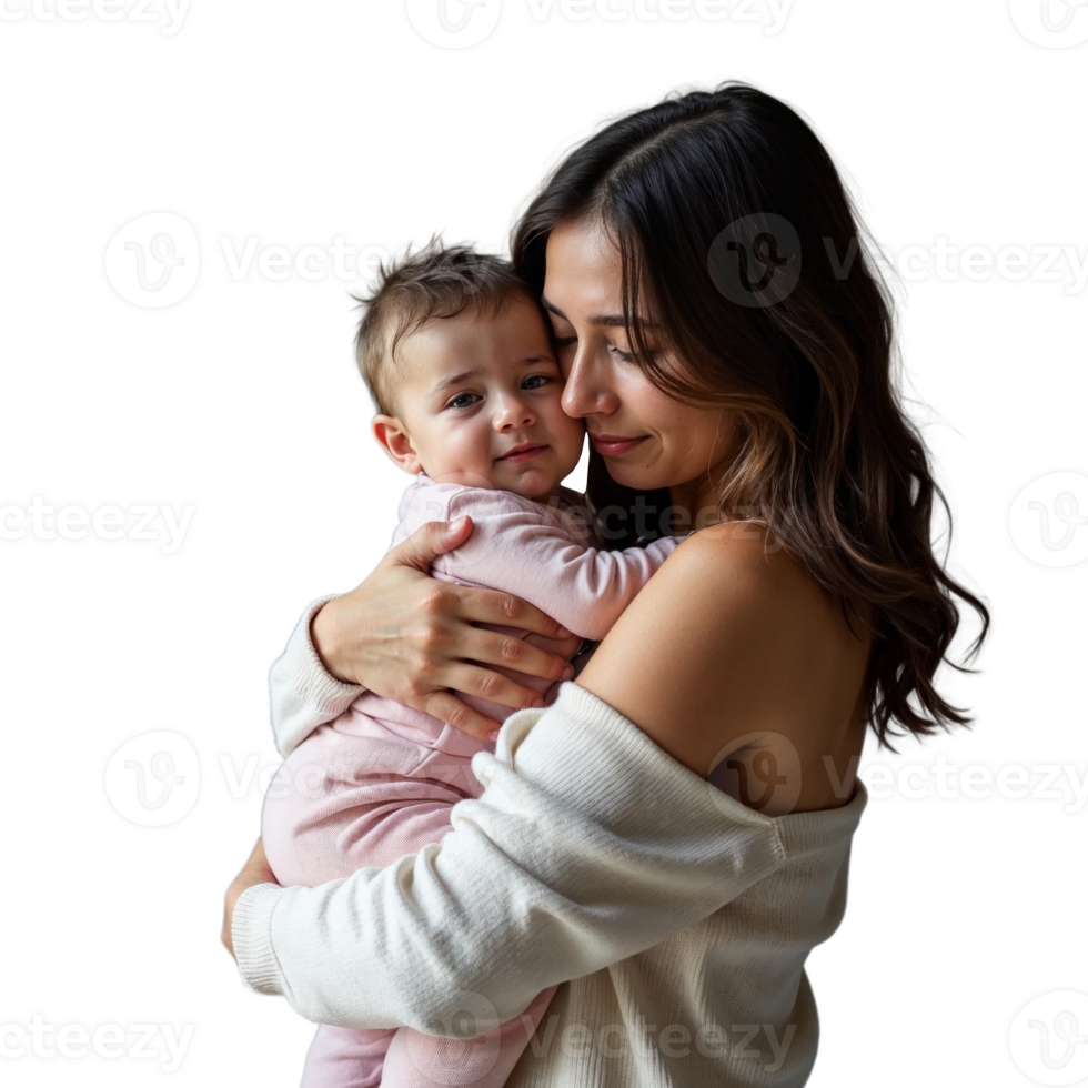 A mother lovingly cradles her baby in her arms, looking down at her child with a tender expression png