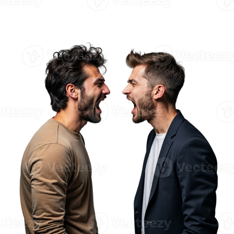 Two men are yelling at each other, facing each other with angry expressions png