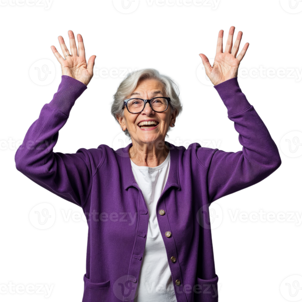 A woman with gray hair and glasses smiles while raising her arms in the air png