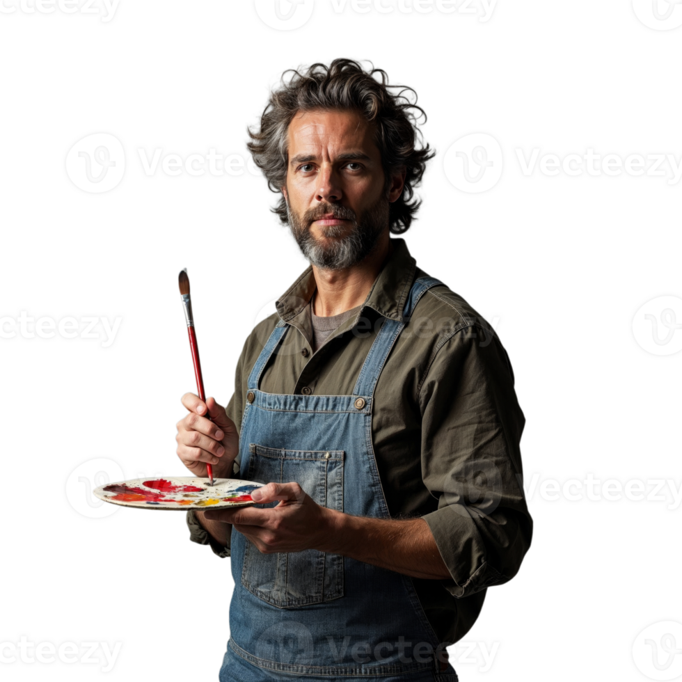 A man with a beard and paint-splattered overalls holds a paintbrush and palette, ready to create art png