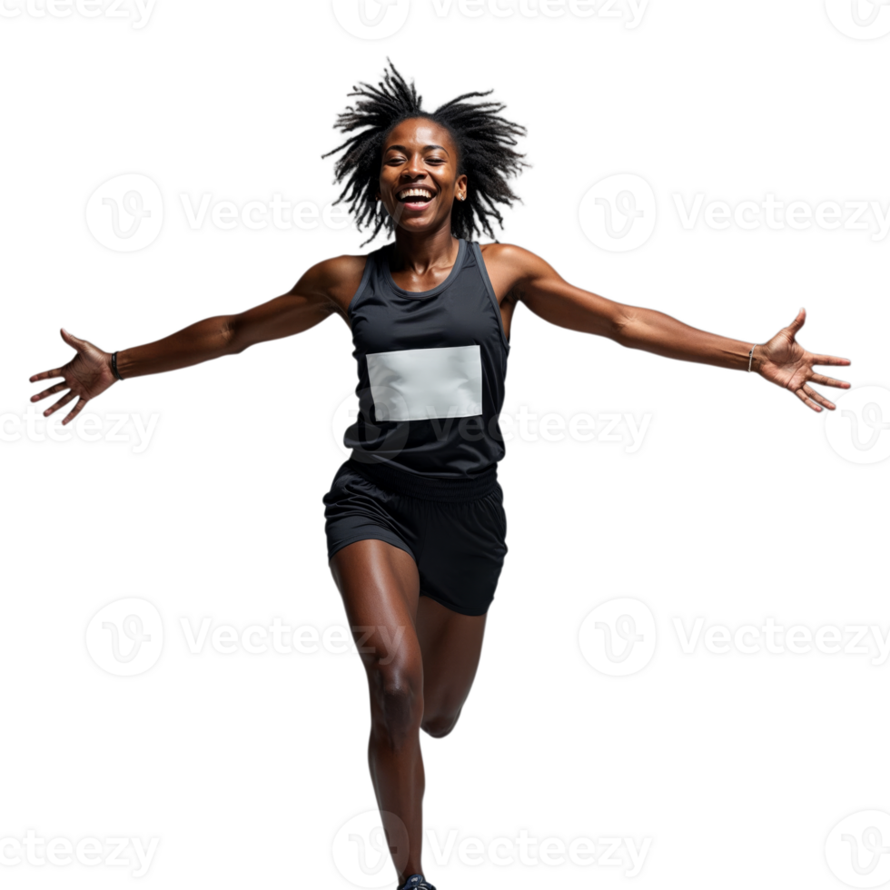 A woman with curly hair is running and smiling while wearing a black tank top and shorts png