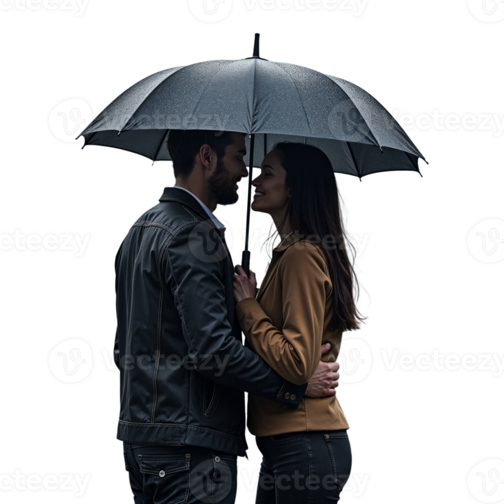 A couple stands close together under a black umbrella on a rainy day, looking at each other with love png