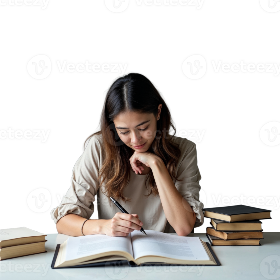 A young woman is sitting at a desk, studying with a pen and open book in front of her png