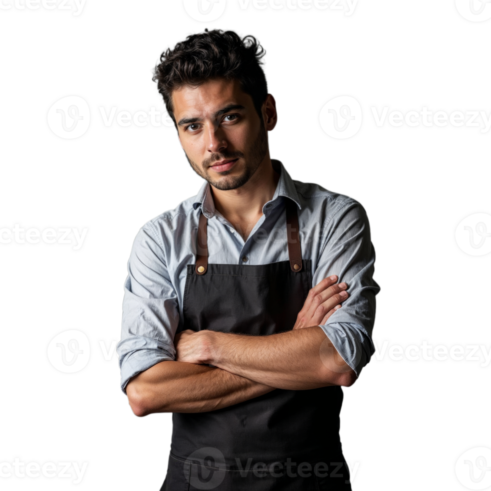 A young man with a serious expression stands with his arms crossed, wearing a black apron over a blue shirt png