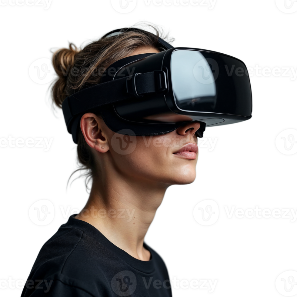 A woman wearing a virtual reality headset looks off to the side, lost in the digital world png