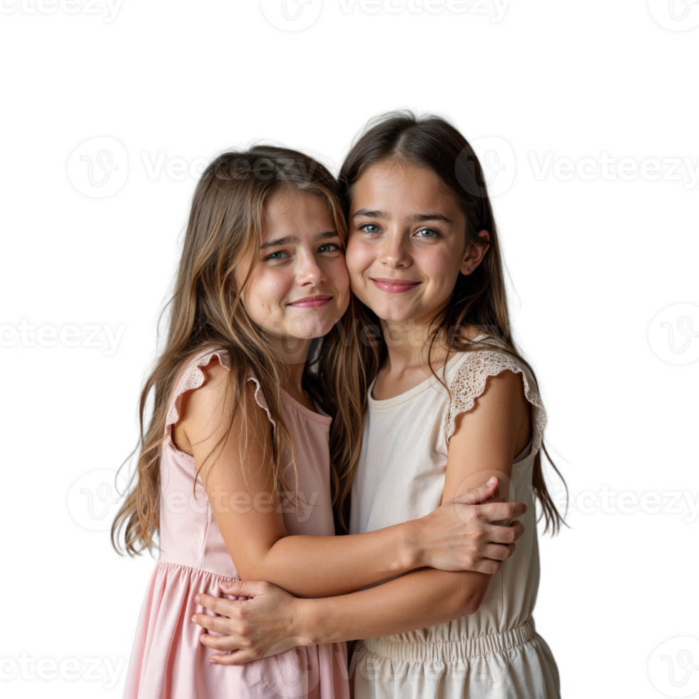 Two young girls in pink and cream dresses hug each other, smiling at the camera png