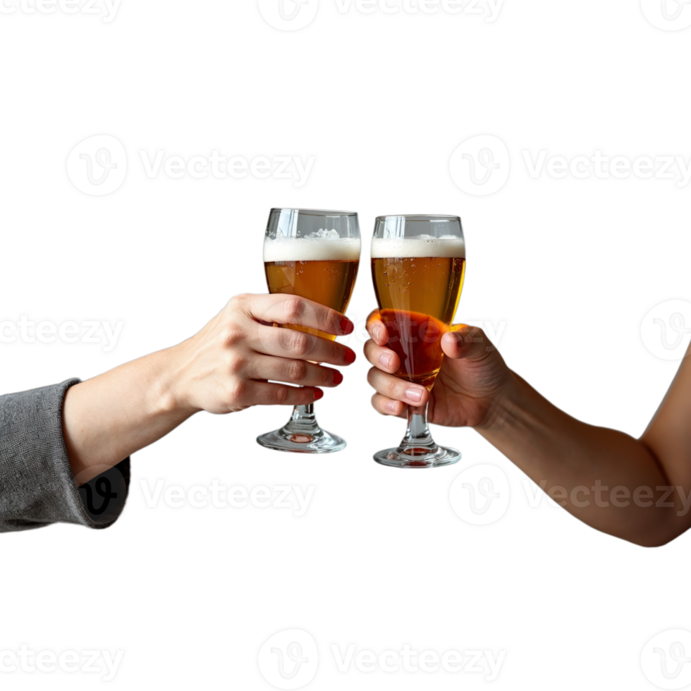 Two hands clink beer glasses in a toast, celebrating a special occasion png