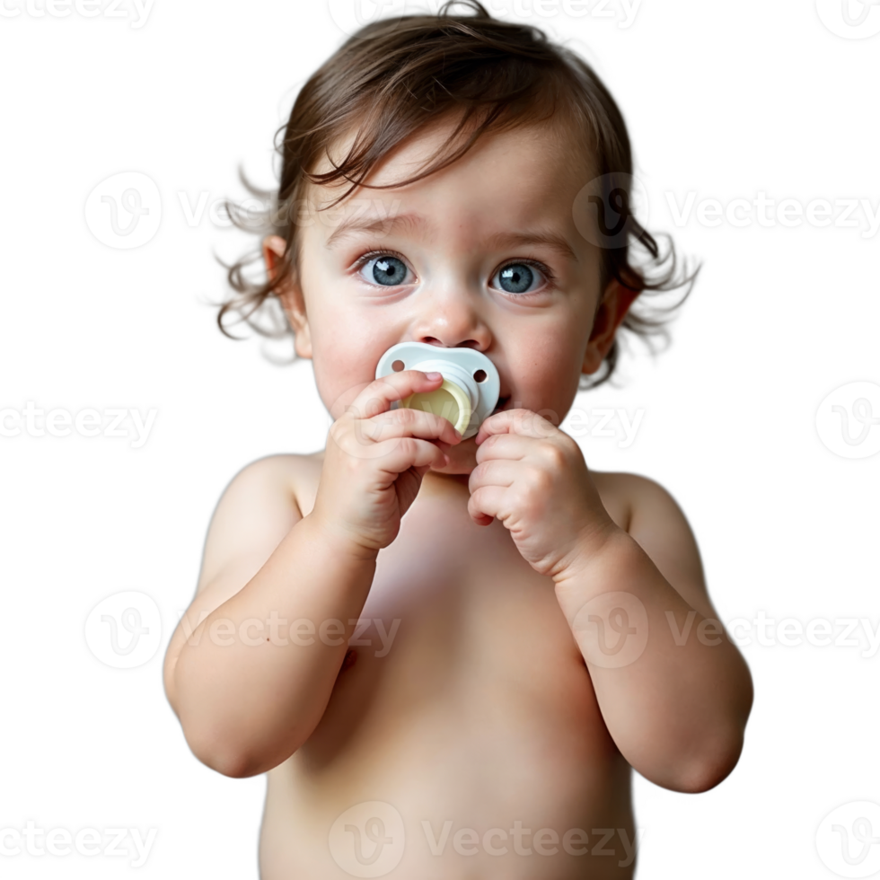 A baby with blue eyes holds a pacifier in their mouth while looking directly at the camera png
