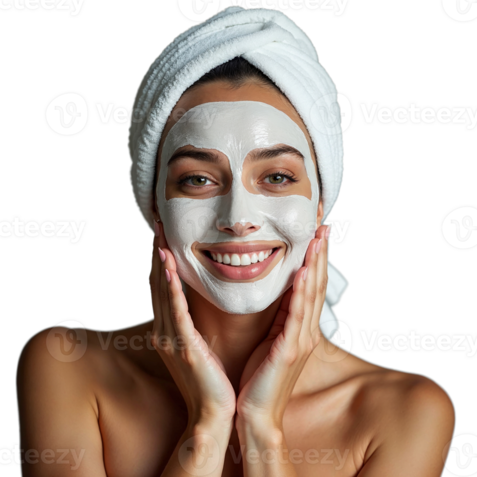 A woman with a white face mask smiles while holding her hands to her cheeks png