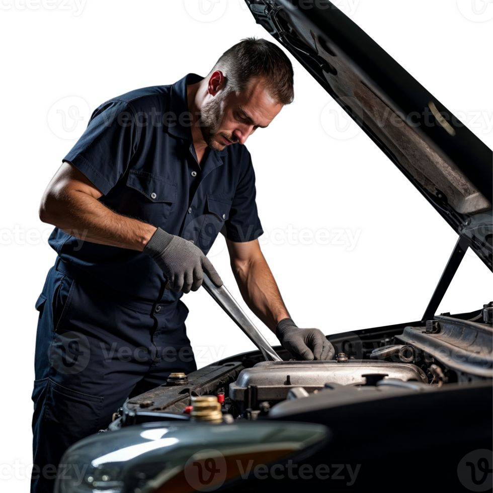 A mechanic works on a car engine, using a wrench to tighten a bolt png