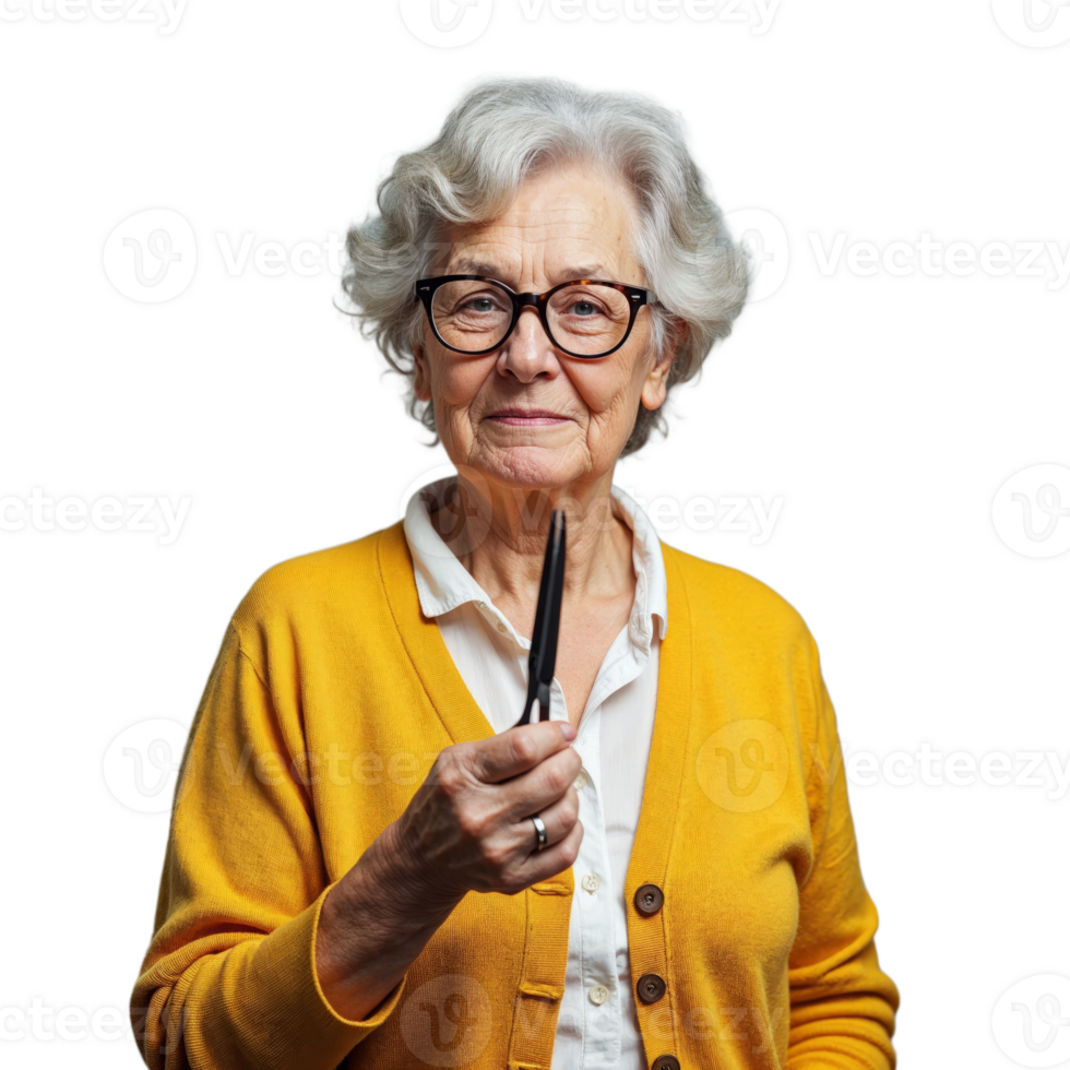 An elderly woman wearing a yellow cardigan and glasses smiles and holds scissors in her hand, looking directly at the camera png
