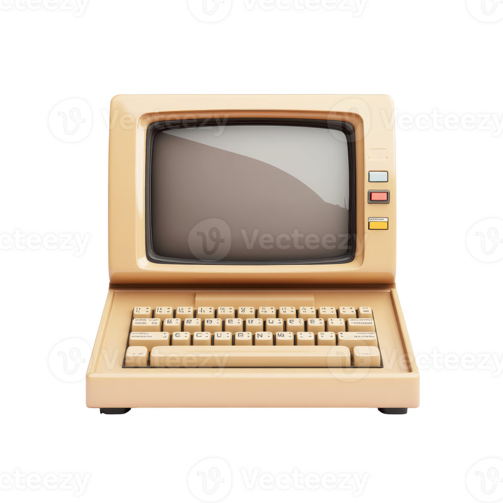 Front view of vintage beige retro computer with CRT monitor and classic keyboard. Retro style personal computer. Nostalgia concept for early computer technology png