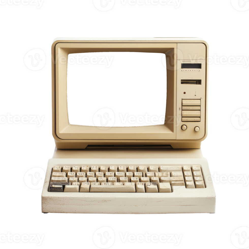 Front view of vintage beige retro computer with CRT monitor and classic keyboard. Retro style personal computer. Nostalgia concept for early computer technology png